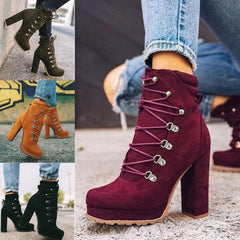 Heeled Lace-Up Mid-Calf Boots for Women - Round Toe, High Heel. - Farefe
