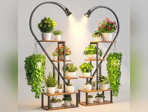 Flower Pots Stand, Tall Tiered Metal Plant Stand with Grow Lights for Indoor Plants, Heart Shape Plant Rack