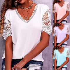 Lace V Neck Short Sleeve Loose Casual Shirts for Women