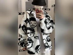 WAKUTA Winter Wool Coat for Women - Chic and Funny Cartoon Anime Print Jackets - Casual and Loose Fit - Long Sleeve - White Color - Available in Sizes M and L