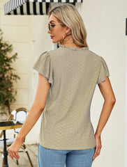 Jacquard V-neck Pile Sleeve Short Sleeve in Various Colors - Elegant and Versatile Fashion Choice