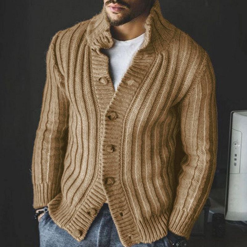 Men's Casual Single-breasted Knitted Sweater in Khaki or Grey - Ribbed Bottom Hem - Sheep Wool and Acrylic Blend - Available in Sizes S-4XL