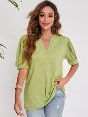 Women's Pleated Puff Sleeve Tops V Neck T Shirts Casual Loose Blouses