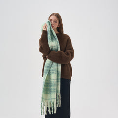 Women's White and Green Plaid Scarf - Keep Warm with Style | 42x225cm, Polyester, Mid-Length