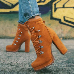 Heeled Lace-Up Mid-Calf Boots for Women - Round Toe, High Heel. - Farefe