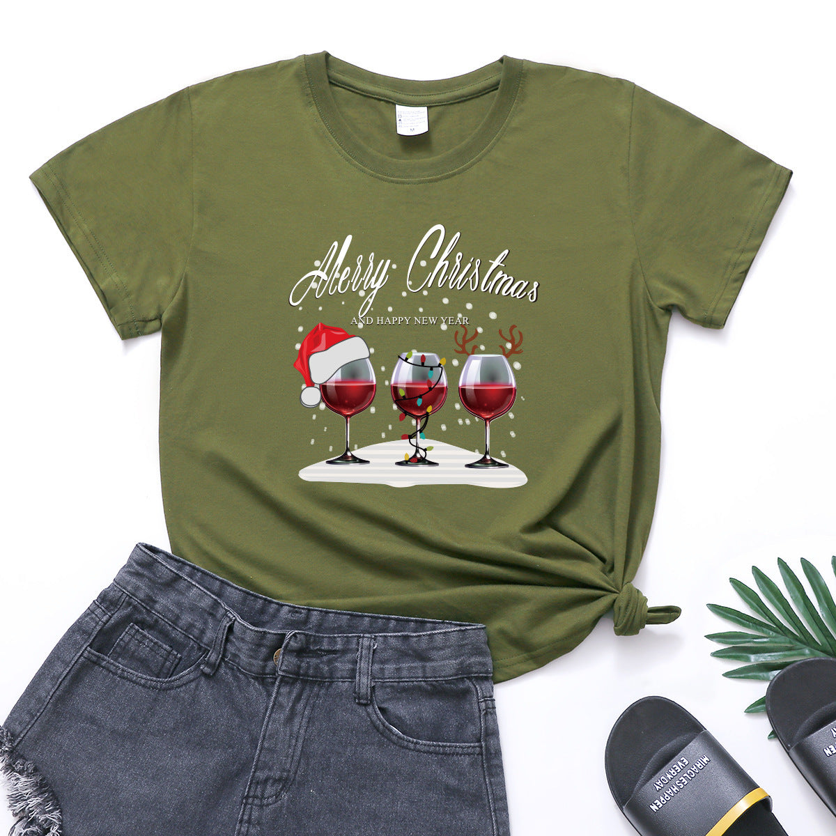 Christmas Three Wine Glasses Print Short Sleeve - Sweet Style Polyester Shirt - Farefe