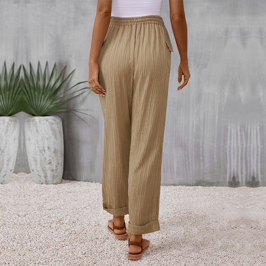 Elasticated Khaki Pleated Trousers for Women - Inelastic Mid-Waist Trousers with Pockets and Collage/Stitching Details