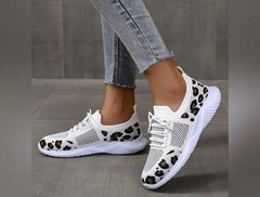 White Women's Leopard Print Lace-up Sneakers - Stylish and Comfortable Sport shoes
