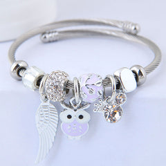 Stylish Beaded Owl Angel Wings Pendant Stainless Steel Bracelet