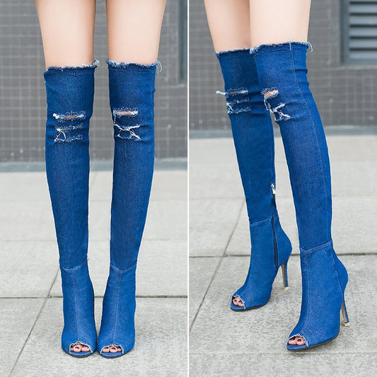 Fish mouth knee boots with high-stretch denim, microfiber interior, rubber sole, 7.5cm forefoot width, and 55cm tube height.