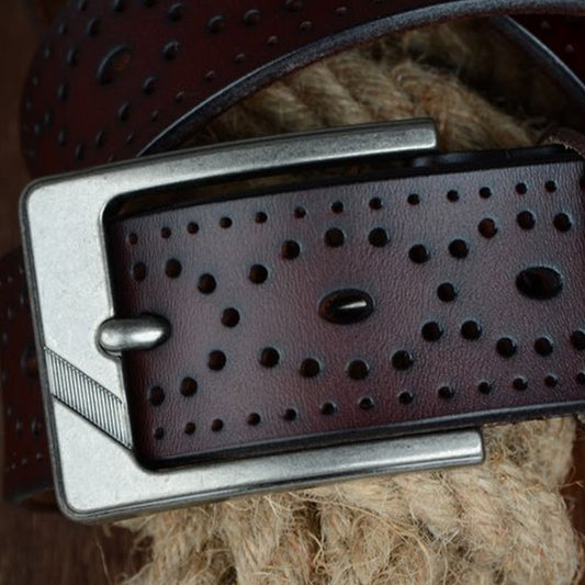 Leather Belt for Men, Adult - Two-Layer Cowhide, Paint Surface, Square Belt Buckle - Pin Buckle Fastening