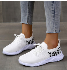 White Women's Leopard Print Lace-up Sneakers - Stylish and Comfortable Sport shoes - Farefe
