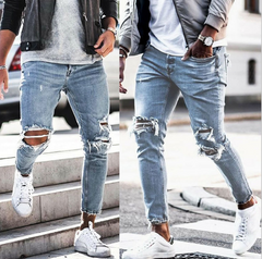 New Ripped Skinny Jeans - Men's Streetwear - Cotton Fabric