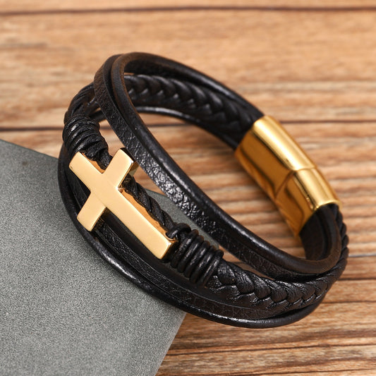 Stylish Stainless Steel Cross Bracelet for Men with Multi-layer Braided Design