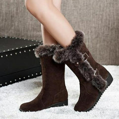 Brown Winter Women Casual Warm Fur Mid-Calf Boots Shoes- Slip-On Round Toe Flats Snow Boots Shoes - Farefe