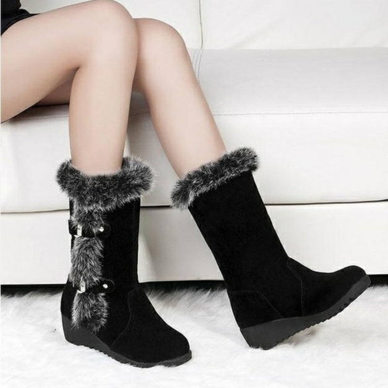 Brown Winter Women Casual Warm Fur Mid-Calf Boots Shoes- Slip-On Round Toe Flats Snow Boots Shoes - Farefe