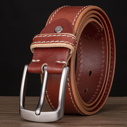 Pin Buckle Belts for Men - Genuine Leather Square Buckle Belt with Car Stitches - Farefe