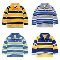 Boys Casual Striped Long Sleeve T-Shirt - Made in China - Soft Cotton Fabric - Non-Hooded - Ages 3-8 Years - Lapel Collar - Farefe