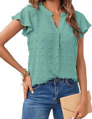 Women V Neck Ruffle Short Sleeve Chiffon Blouse Dot Flowy Shirt Top