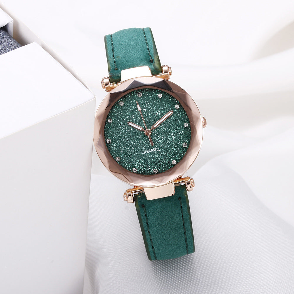 Casual Women Romantic Starry Sky Leather Rhinestone Watch - Farefe