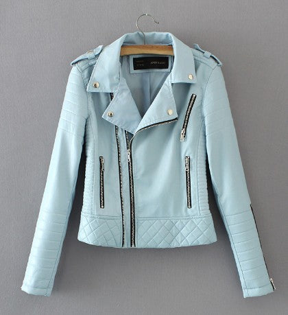 New Fashion Women's Faux Leather Jacket - Zipper Closure, Blue Coat, Biker Style - Farefe