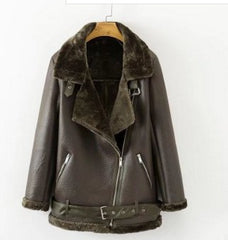 New Winter Fashion High Quality Artificial Fur Zipper Coat Pockets Warm Couples Sashes Leather Jackets Woman