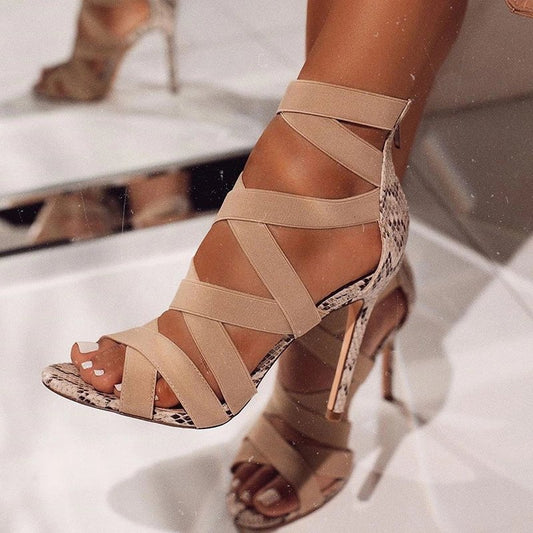 High Heels with Cross Ties Snake Pattern Thin Heels Sandals - Farefe