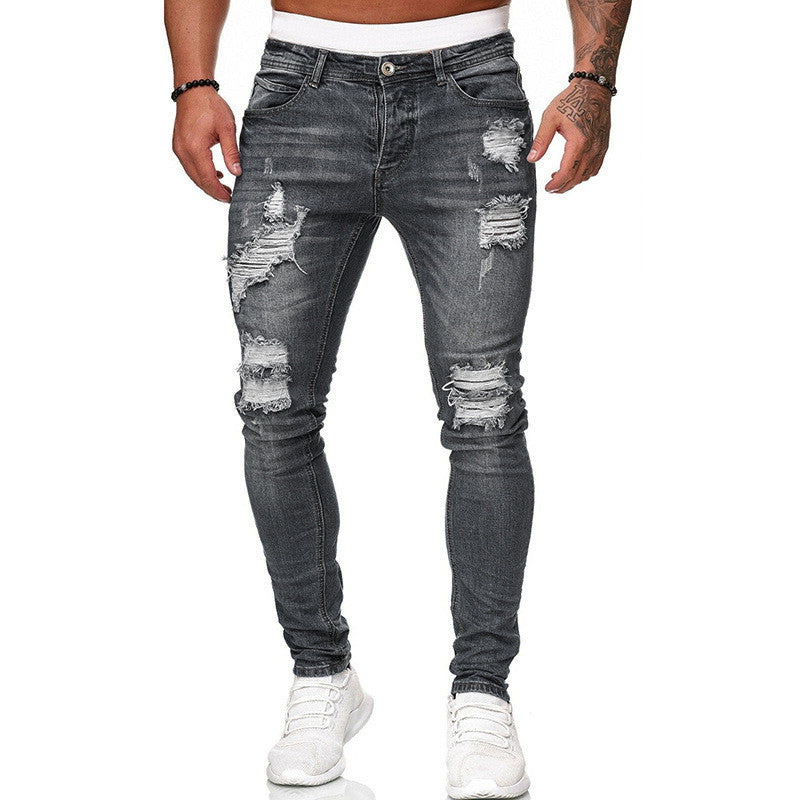 Hole-Worn White Cowboy Jeans with Small Feet Men's Pants - Farefe