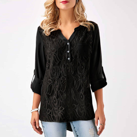 Women's V-Neck Chiffon Blouse - Long Sleeve Girl's T-Shirt