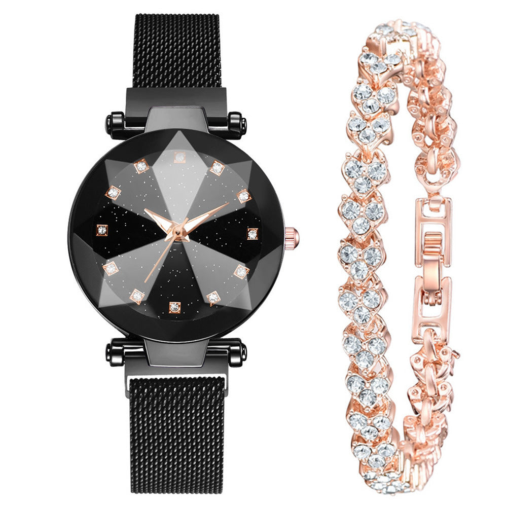 Women's Square Diamond Rhinestone Starry Sky Face Casual Fashion Watch Set - Farefe