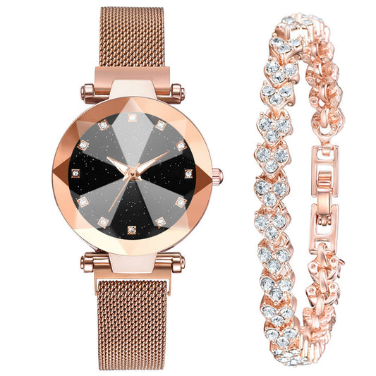 Women's Square Diamond Rhinestone Starry Sky Face Casual Fashion Watch Set - Farefe