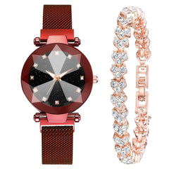 Women's Square Diamond Rhinestone Starry Sky Face Casual Fashion Watch Set - Farefe