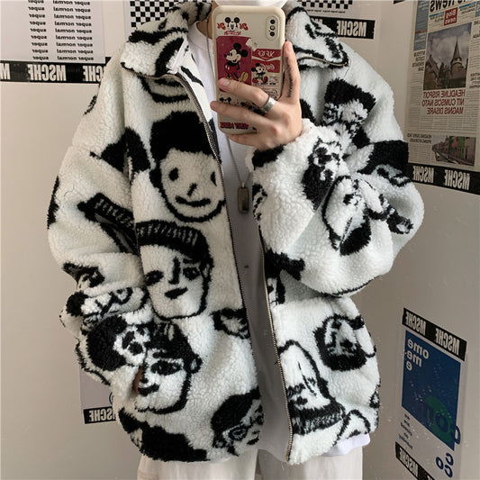WAKUTA Winter Wool Coat for Women - Chic and Funny Cartoon Anime Print Jackets - Casual and Loose Fit - Long Sleeve - White Color - Available in Sizes M and L