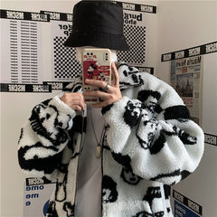 WAKUTA Winter Wool Coat for Women - Chic and Funny Cartoon Anime Print Jackets - Casual and Loose Fit - Long Sleeve - White Color - Available in Sizes M and L