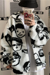 WAKUTA Winter Wool Coat for Women - Chic and Funny Cartoon Anime Print Jackets - Casual and Loose Fit - Long Sleeve - White Color - Available in Sizes M and L