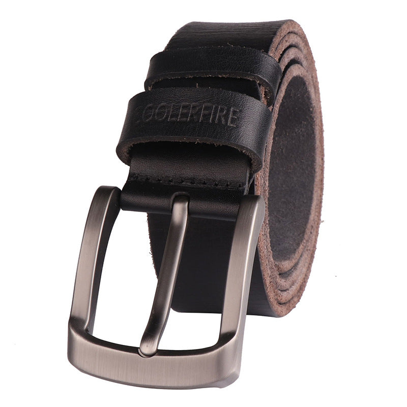 High-end Leather Pin Buckle Belt for Men - First Layer Cowhide, Lacquer Processing, Rectangular Belt Buckle, Pin Buckle Fastening, Rivet Design - Black/Brown - Width: Ordinary - Single Circle - Available in Various Sizes - Farefe