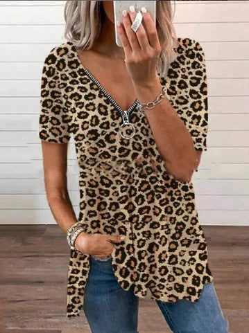 Fashion Leopard Print V Neck Blouse Women- Short Sleeved Pullover - Farefe