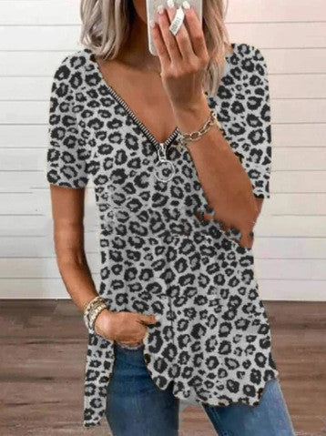 Fashion Leopard Print V Neck Blouse Women- Short Sleeved Pullover - Farefe