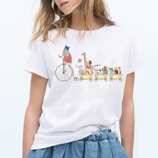 Cute Cartoon Music Zoo Print T Shirt for Women