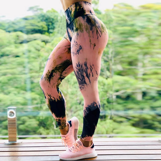 Fitness High Elastic Sports Leggings - Abstract Ink Pattern High Waist Yoga Leggings