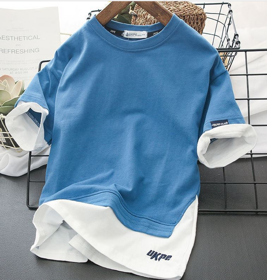 New Fake Two-Piece Upper Clothes Tide - Short Sleeve T-Shirt for Boys (Sizes 120-160cm) - Spring Collection
