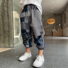 Boys Summer Casual Pants with Check Pattern and Elastic Waistband - Korean Style Children's Pants - Farefe