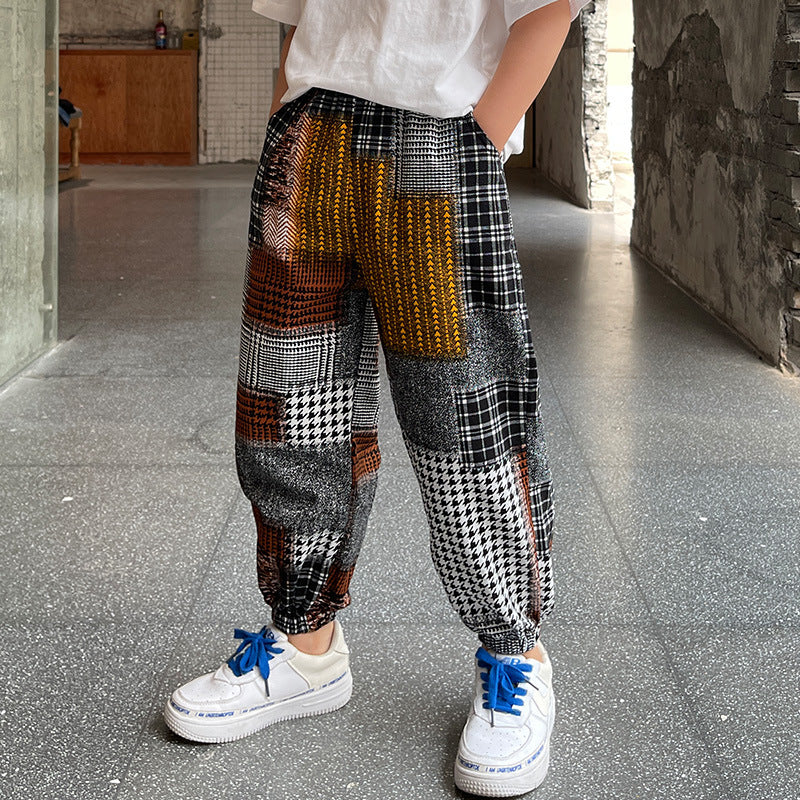 Boys Summer Casual Pants with Check Pattern and Elastic Waistband - Korean Style Children's Pants - Farefe