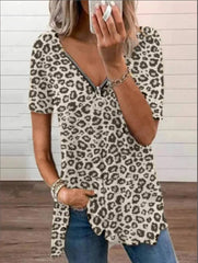 Fashion Leopard Print V Neck Blouse Women- Short Sleeved Pullover - Farefe