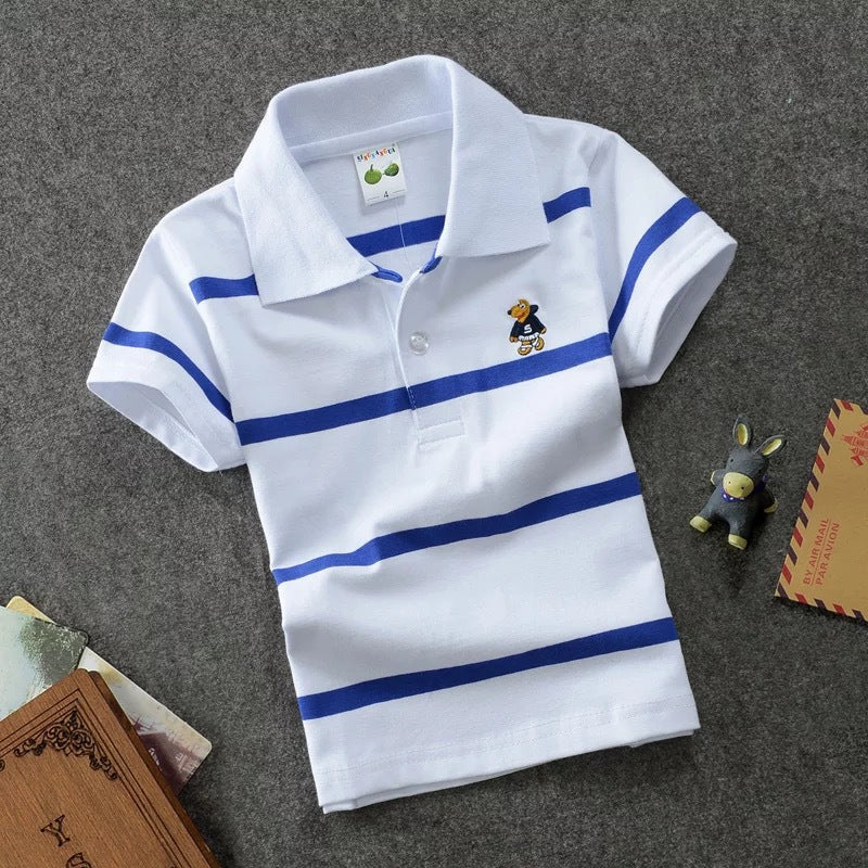 CUHK Children's T-shirt Cotton Striped Lapel Polo Shirt - Casual Short Sleeve for Boys and Girls