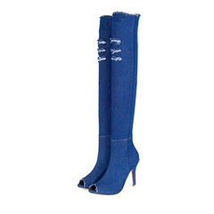 Fish mouth knee boots with high-stretch denim, microfiber interior, rubber sole, 7.5cm forefoot width, and 55cm tube height.