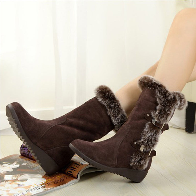 Brown Winter Women Casual Warm Fur Mid-Calf Boots Shoes- Slip-On Round Toe Flats Snow Boots Shoes - Farefe