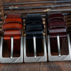 Leather Belt for Men, Adult - Two-Layer Cowhide, Paint Surface, Square Belt Buckle - Pin Buckle Fastening