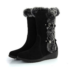 Brown Winter Women Casual Warm Fur Mid-Calf Boots Shoes- Slip-On Round Toe Flats Snow Boots Shoes - Farefe