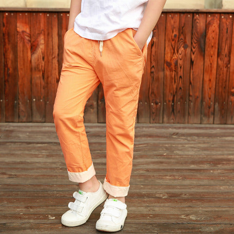 Boys and Girls Cotton Cropped Trousers - Orange Color, Middle Waist, Cotton and Linen Fabric - Farefe
